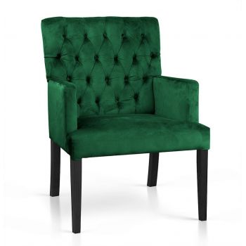 Fotoliu fix tapitat cu stofa si picioare din lemn, Zara Velvet Verde / Negru, l64xA60xH89 cm