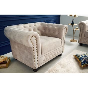 Fotoliu tapita cu Catifea Bej cu picioare din Lemn Maro L105xH72xA87cm Chesterfield