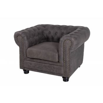 Fotoliu tapitat cu Microfibra Gri cu picioare din Lemn masiv Negru H72xL105xA88cm Chesterfield II