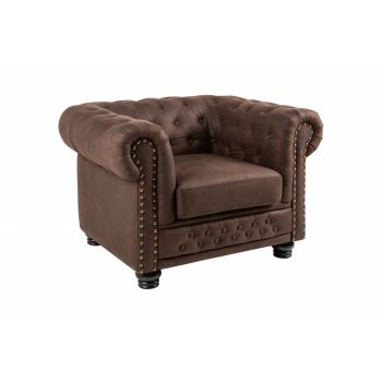 Fotoliu tapitat cu Microfibra Maro cu picioare din Lemn masiv Negru H72xL105xA87cm Chesterfield II