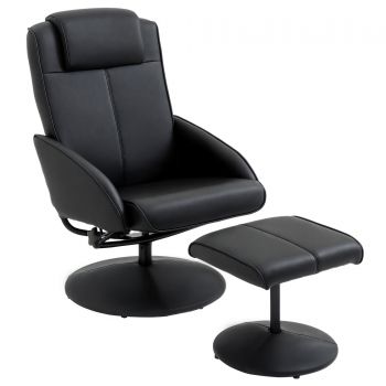 HOMCOM Fotoliu reclinabil de relaxare cu otoman pentru picioare si tapiterie din piele artificiala, 71x78x101cm, negru | Aosom Romania