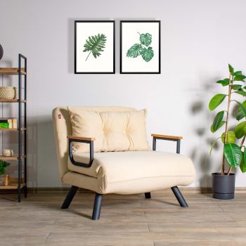 Fotoliu extensibil tapitat cu stofa si picioare metalice, Sando Neutral Velvet, l60xA78xH78 cm