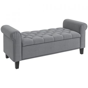 HOMCOM Banca pentru Capul Patului din Material Efect Catifea cu Spatiu de Depozitare si Cotiere Rulate , 126x48.5x57 cm, Gri