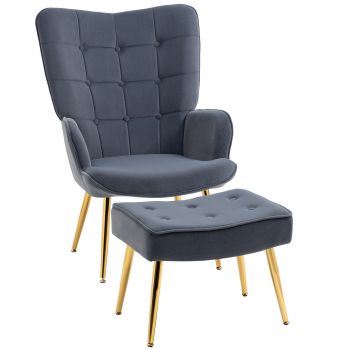 HOMCOM Fotoliu Capitonat cu Set de Fotoliu cu Suport pentru Picioare, Fotoliu de Efect Modern cu Nasturi cu Picioare din Otel Auriu, Scaun cu Spatar Aripa pentru Camera de Zi, Dormitor, Gri Inchis