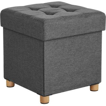 Taburet cu spatiu pentru depozitare Chesterfield, Songmics, 38 x 38 x 40 cm, tesatura aspect in/MDF, picioare din lemn, gri inchis