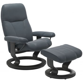 Fotoliu cu taburet Stressless Consul Classic M cadru Grey tapiterie piele Batik Atlantic Blue