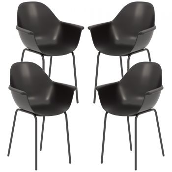 Outsunny Scaune De Gradina 4 Bucati, Scaune Stivuibile De Exterior Cu Spatar Inalt Si Cotiera, Scaun De Masa Cu Cadru din Metal Set De 4, Negru