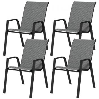 Outsunny Set de 4 scaune stivuibile pentru exterior, Scaune de gradina din ratan cu cotiere si spatar, pentru terasa, veranda, Gri