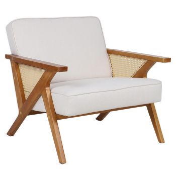 Fotoliu Claudia material textil bej - pvc ratan - cauciuc brate culoare lemn natural