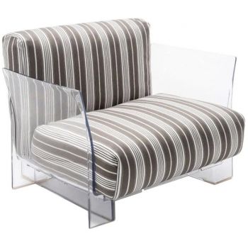 Fotoliu exterior Kartell Pop Outdoor design Piero Lissoni & Carlo Tamborini cadru transparent perne dungi taupe-negru