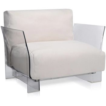 Fotoliu exterior Kartell Pop Outdoor design Piero Lissoni & Carlo Tamborini cadru transparent perne Sunbrella alb
