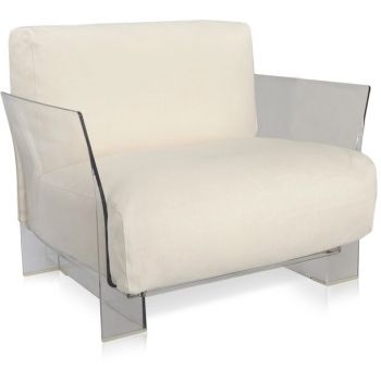 Fotoliu exterior Kartell Pop Outdoor design Piero Lissoni & Carlo Tamborini cadru transparent perne Sunbrella ecru