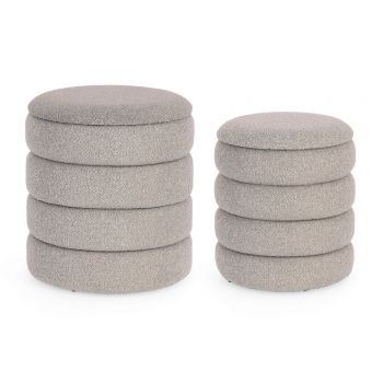 Set 2 taburete cu spatiu de depozitare Katerina, Bizzotto, Ø40 x 44.5 cm, MDF/poliester Boucle, gri deschis