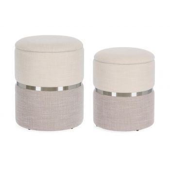 Set 2 taburete cu spatiu de depozitare Radinka, Bizzotto, Ø36 x 44 cm, MDF/poliester, alb/gri