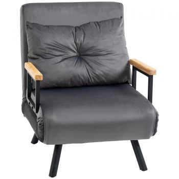 HOMCOM Canapea Extensibilă cu Spătar Reglabil pe 5 Nivele, Canapea Pat Individuală Pliabilă cu Perne, 63x73x81 cm, Gri | Aosom Romania