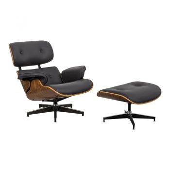 Fotoliu cu taburet relax Jenna negru piele ecologica PU placaj nuc baza crom 82x92x82 cm Fotoliu cu taburet relax Jenna negru piele ecologica PU placaj nuc baza crom 82x92x82 cm