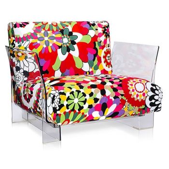Fotoliu Kartell Pop design Piero Lissoni & Carlo Tamborini cadru transparent tapiterie Missoni Vevey rosu