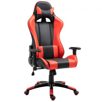 HOMCOM Fotoliu de Birou Gaming Rotativ Reclinabil in Piele Sintetica, Negru-Rosu