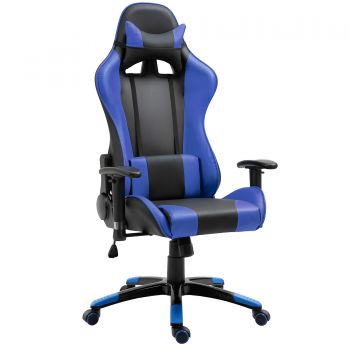 HomCom Fotoliu pentru Birou Gaming din Piele Sintetică Rotativ și Reclinabil cu Susținere Lombară și pentru Gât 67 x 67 x 123-132cm Negru-albastru