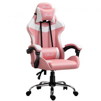 Vinsetto Scaun de Gaming Ergonomic cu Tetiera, Inaltime Reglabila su Rabatabil, Fotoliu Pivotant cu Roti, 63x67x119-127cm, Roz