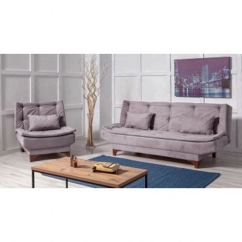 Set canapea 3 locuri extensibila si fotoliu Kelebek Gri Roz