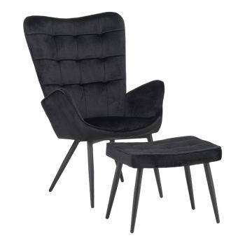 Fotoliu cu taburet Dorita catifea neagra picior metalic negru 68.5x76x103 cm