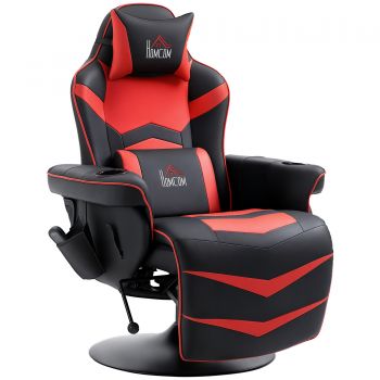 HOMCOM Fotoliu de gaming, Funcție de masaj, spătar înclinabil, suport de picioare, până la 120 kg, cadru din oțel, piele ecologică, Roșu | Aosom Romania
