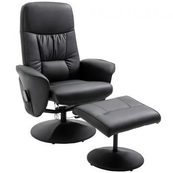 HOMCOM Fotoliu de relaxare cu lada de picioare, fotoliu TV cu 10 puncte de masaj, funcție de culcare, fotoliu de masaj cu telecomandă, buzunar lateral, fotoliu TV, piele artificială, Negru | Aosom Romania