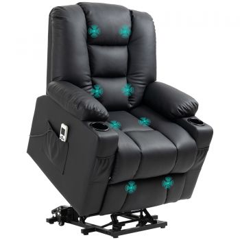 HOMCOM Fotoliu relaxant cu ajutor de ridicare, USB, functie de masaj, piele ecologica, pana la 150 kg, 90x98x102 cm, Negru | Aosom Romania