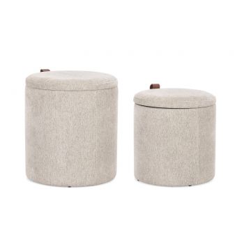 Set 2 taburete cu spatiu de depozitare Katia, Bizzotto, 34.5x36 cm/39x44 cm, MDF/poliester, gri deschis