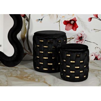 Set 2 taburete cu spatiu depozitare Shanty, Mauro Ferretti, 37x42 cm, 28x35 cm, fier/MDf/poliester, negru/auriu