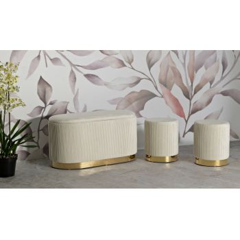 Set bancheta si 2 taburete Shopy, Mauro Ferretti, 80x37x42 cm, 29x35 cm, fier/MDf/poliester, crem/auriu