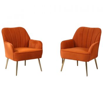 Set de 2 scaune de living din catifea, Design ergonomic, Culoare portocaliu