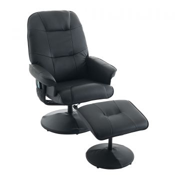 Fotoliu de masaj cu funcție de înclinare, fotoliu de relaxare din material PU, rotație de 360°, încălzire & taburet, 75x79,5x107 cm, Negru