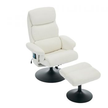 Fotoliu de relaxare cu funcție de înclinare și masaj în 5 puncte, fotoliu TV cu funcție de încălzire electrică și taburet, rotativ 360°, material chenille, 75,5x77x100 cm, Alb