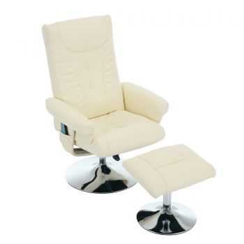 Fotoliu de relaxare cu funcție de înclinare și masaj în 5 puncte, fotoliu TV cu funcție de încălzire electrică și taburet, rotativ 360°, material PU, 75x76x103 cm, Bej