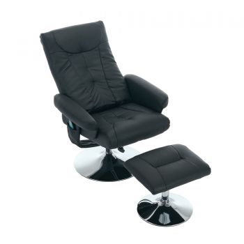Fotoliu de relaxare cu funcție de înclinare și masaj în 5 puncte, fotoliu TV cu funcție de încălzire electrică și taburet, rotativ 360°, material PU, 75x76x103 cm, Negru