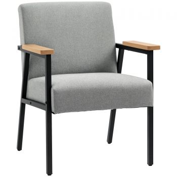 HOMCOM Fotoliu de accent în design scandinav, fotoliu de repaus, fotoliu de accent, aspect de in, lemn de cauciuc, Gri + Negru + Maro | Aosom Romania