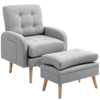 HOMCOM Fotoliu de relaxare cu repose-pied fotoliu TV cu perne capitonat din material lin 68,5 x 73,5 x 90 cm gri deschis | Aosom Romania