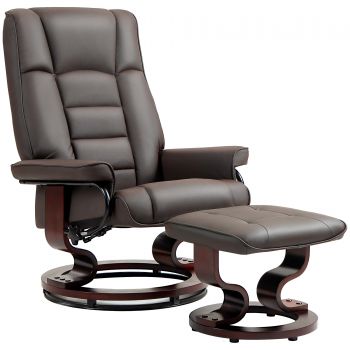 HOMCOM Fotoliu de relaxare cu taburet, rotativ & inalt reglabil, piele ecologică, până la 150 kg, cadru din lemn, Maro | Aosom Romania