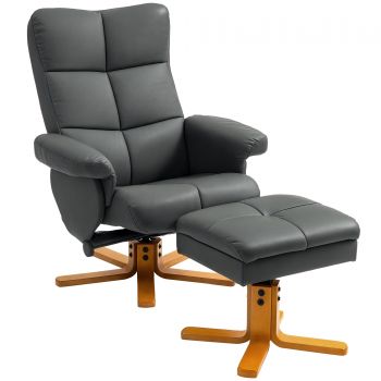HOMCOM Fotoliu de relaxare cu taburet, Spătar înclinabil la 145°, Rotativ la 360°, Piele ecologică, Gri închis | Aosom Romania