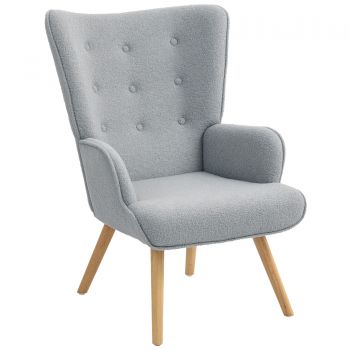 HOMCOM Scaun de salon din material textil bouclette, scaun capitonat și umplut cu picioare din lemn, 71 x 74 x 96 cm, gri deschis | Aosom Romania