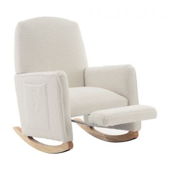 Scaun balansoar cu taburet, fotoliu de relaxare cu spătar înalt, material Teddy, 67x96-127x96 cm, Alb