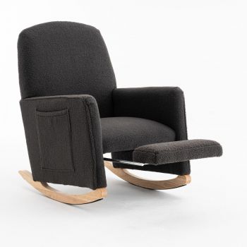 Scaun balansoar cu taburet, fotoliu de relaxare cu spătar înalt, material Teddy, 67x96-127x96 cm, Gri închis