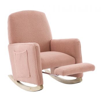 Scaun balansoar cu taburet, fotoliu de relaxare cu spătar înalt, material Teddy, 67x96-127x96 cm, Roz