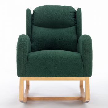 Scaun balansoar modern cu husă din material Teddy, fotoliu cu design ergonomic cu spătar înalt, pentru living și dormitor, 71x96,5x101 cm, Verde
