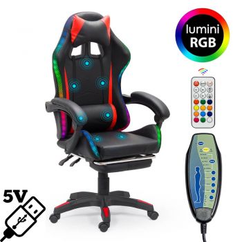 Scaun de gaming negru din piele ecologică cu lumini RGB și funcție de masaj OFF 303 Scaun de gaming negru din piele ecologică cu lumini RGB și funcție de masaj OFF 303