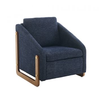 Scaun modern de accent pentru living, fotoliu cu brațe din lemn și pernă pentru spate, material chenille, 73,5x73,5x73,5 cm, Albastru