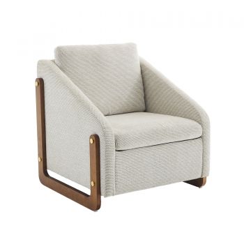 Scaun modern de accent pentru living, fotoliu cu brațe din lemn și pernă pentru spate, material chenille, 73,5x73,5x73,5 cm, Bej