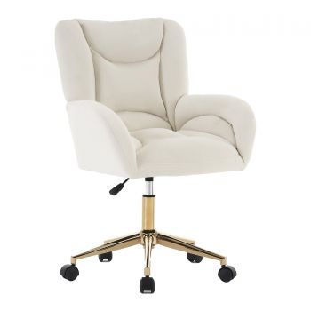 Scaun rotativ reglabil pe înălțime, din material de catifea și picioare aurii, design ergonomic, pentru birou, dormitor, 62x64x88-97 cm, Fildeș